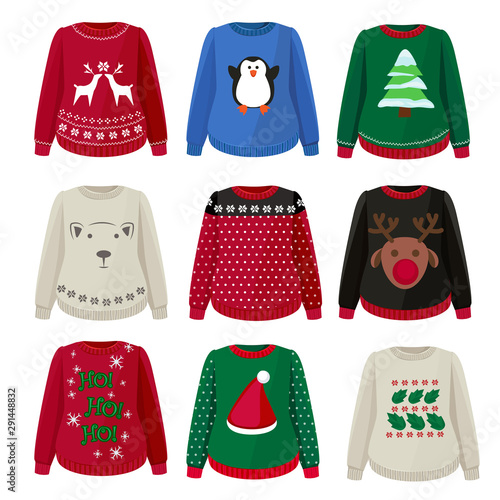 Ugly sweaters. Funny christmas clothes jumper with decoration cute snowflakes vector sweaters collection. Illustration sweater and jumper, clothing wool christmas