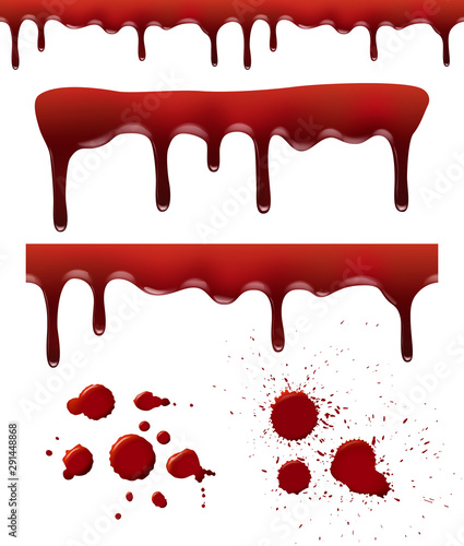 Blood splashes. Red dribble drops bloodstain splash liquid elements brush textures vector realistic template. Illustration blood splash, splatter dirty liquid