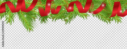 Christmas banner. Red ribbon, Christmas tree branches vector background. Holidays border design. Illustration christmas decoration, pine branch with red ribbon