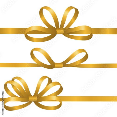 Gold silk ribbons. Satin bows vector elements. Realistic ribbons for gift wrapping isolated on white background. Bow satin or silk to birthday gift illustration