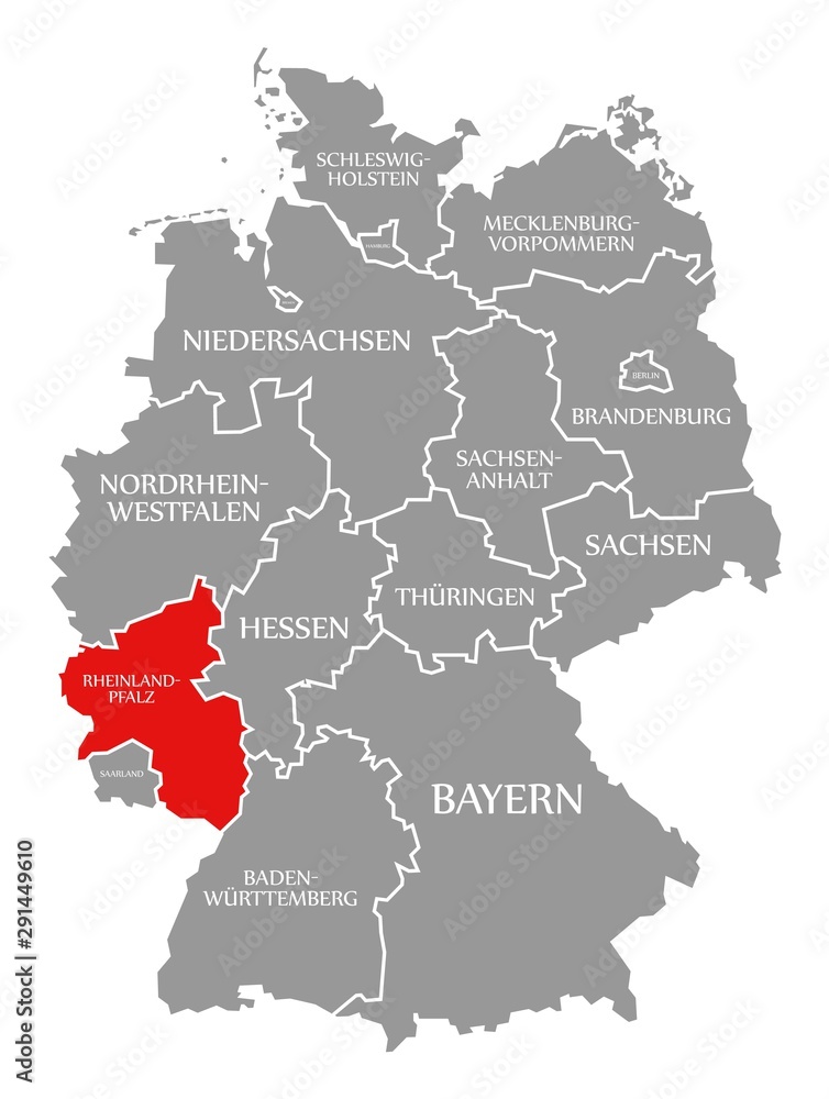 Rhineland Palatinate red highlighted in map of Germany