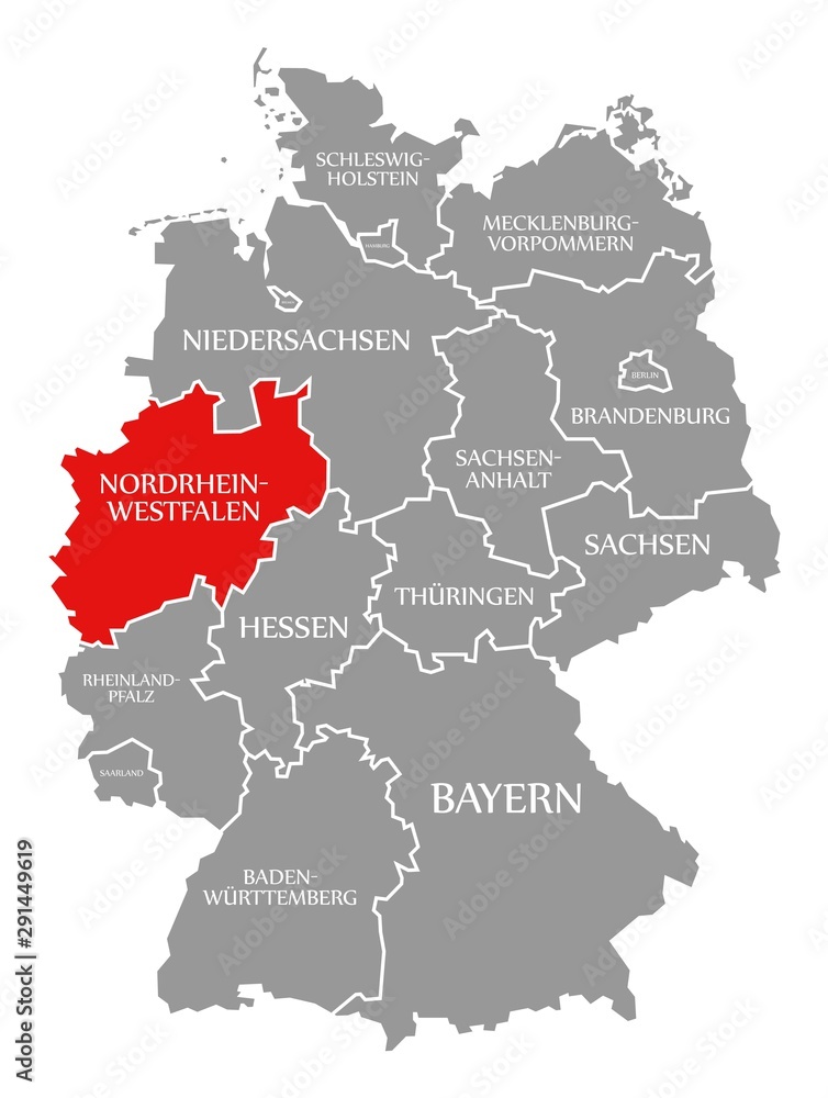 North Rhine Westphalia red highlighted in map of Germany