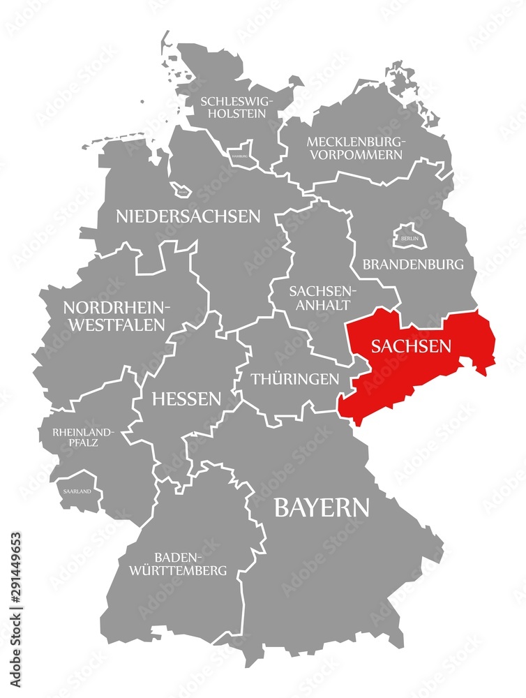 Saxony red highlighted in map of Germany