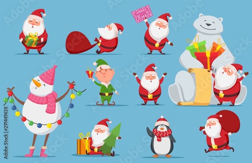 Santa Claus set. Christmas characters. Cute Santa, polar bear, penguin vector illustration. Penguin christmas, snowman xmas and elf