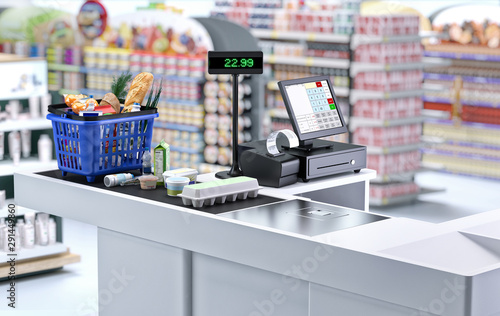 Supermarket cashier checkout work place with card payment terminal, order screen, shopping market basket with assorted grocery products, fresh food, drinks. Budget planning, money saving, economy. 3D photo