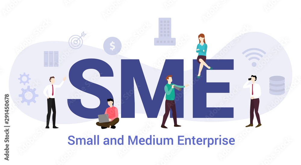 sme small and medium enterprise concept with big word or text and team people with modern flat style - vector