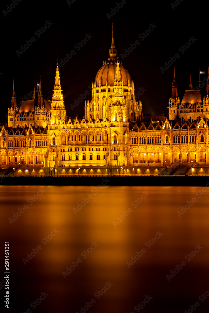 Long exposure night picture from beautiful, famous parliament from Budapest, capital of Hungary