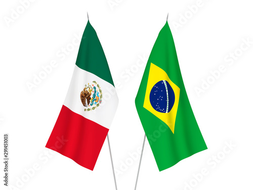 National fabric flags of Brazil and Mexico isolated on white background. 3d rendering illustration.