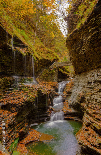 Watkins Glen State Park, located in Watkins Glen, in the Finger Lakes Region of New York State, is a popular travel destination in the autumn season as the leaves change from green to yellow and red.