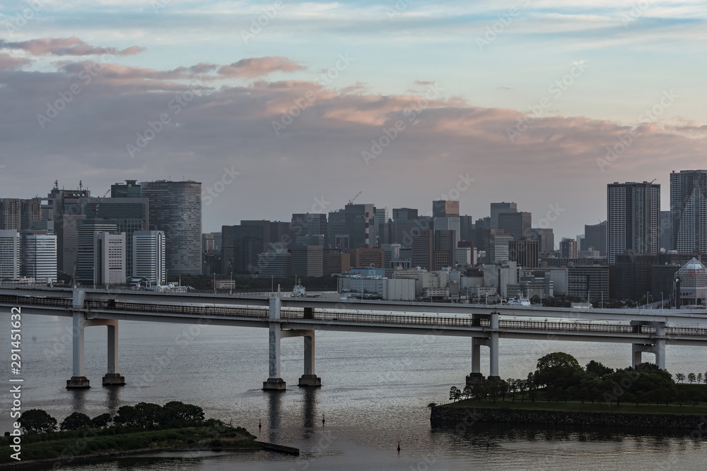 Obraz premium Panoramic modern city skyline bird eye aerial view of Tokyo bay in the dawn