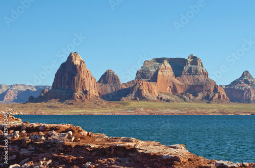 The rocky landscape of the canyon area of the warm desert lake. 