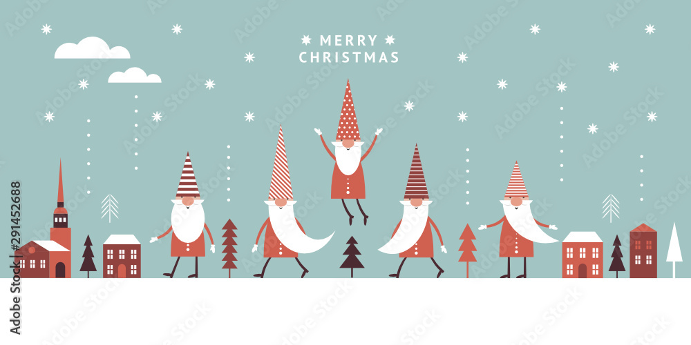 Plakat Horizontal Christmas Card, Seasons greetings, cute Gnomes in red hats