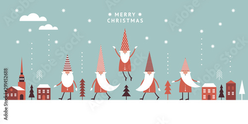 Horizontal Christmas Card, Seasons greetings, cute  Gnomes in red hats 