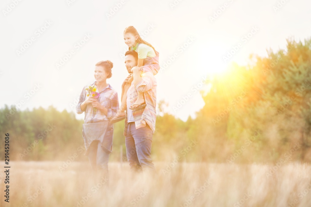 Fototapeta premium Happy family walking in wheat field with yellow lens flare in background