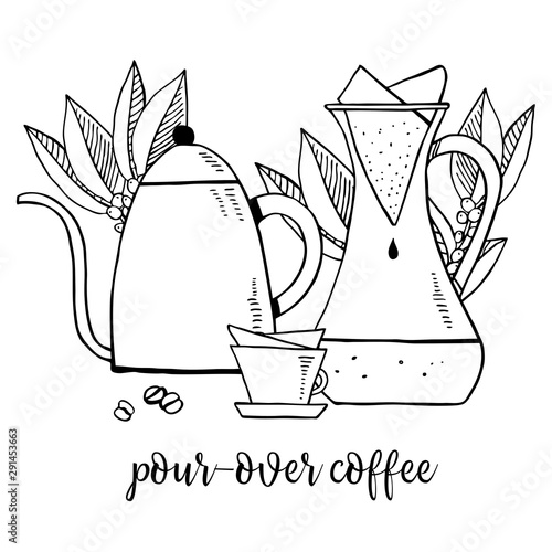 Pour-over coffee. Composition with gooseneck kettle, carafe, filters and cup. Hand drawn outline sketch illustration