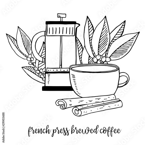 Coffee brewed in french press. Composition with pot and cup. Coffee leaves on the background. Hand drawn outline sketch illustration