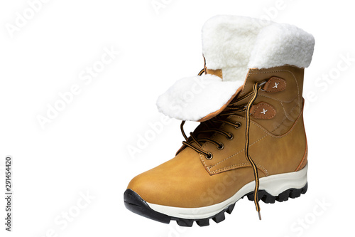 yellow nubuck boot, on a white background, shoes unlaced, concept, isolate photo