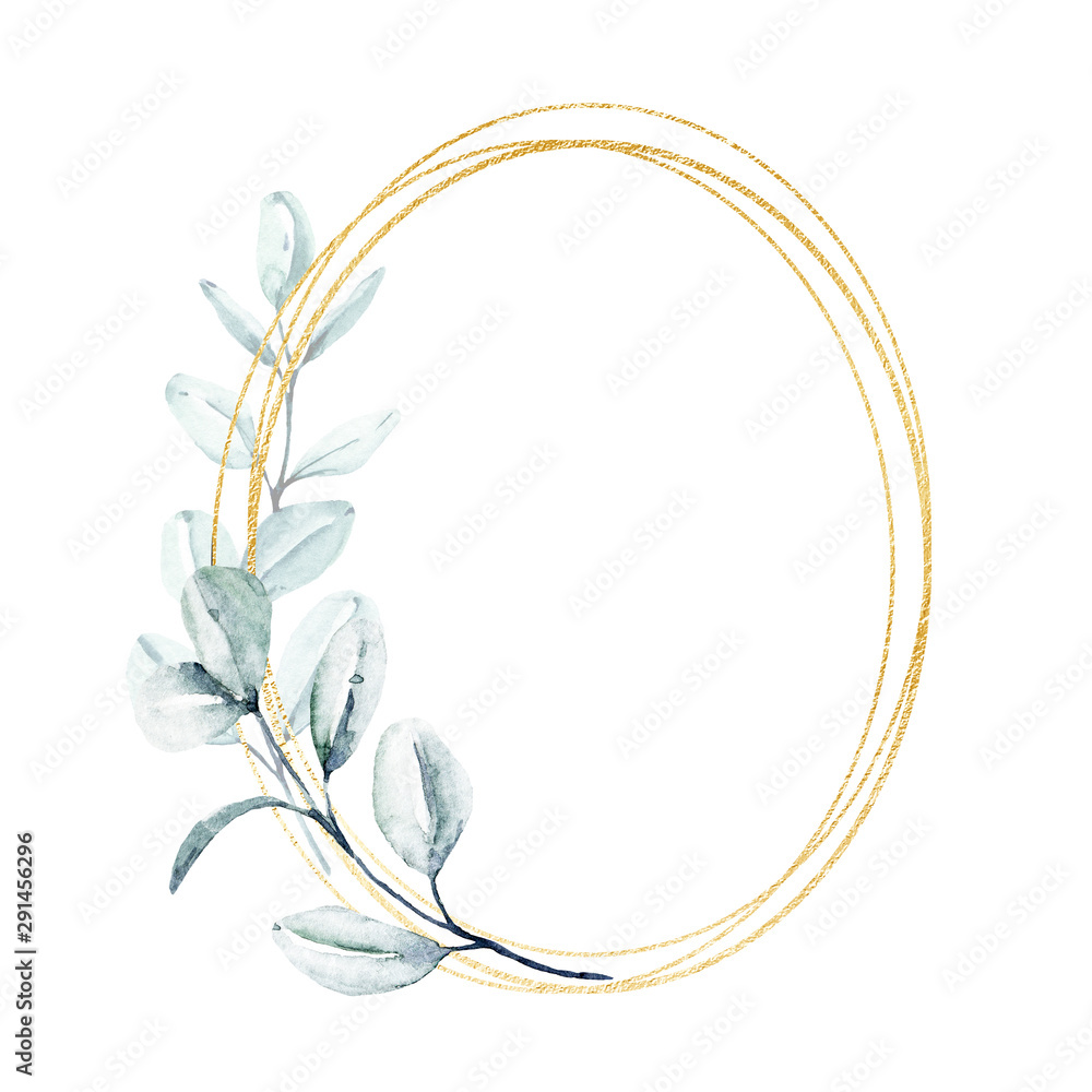 Gold wreath with eucalyptus, watercolor leaves. Hand painting botanical ...