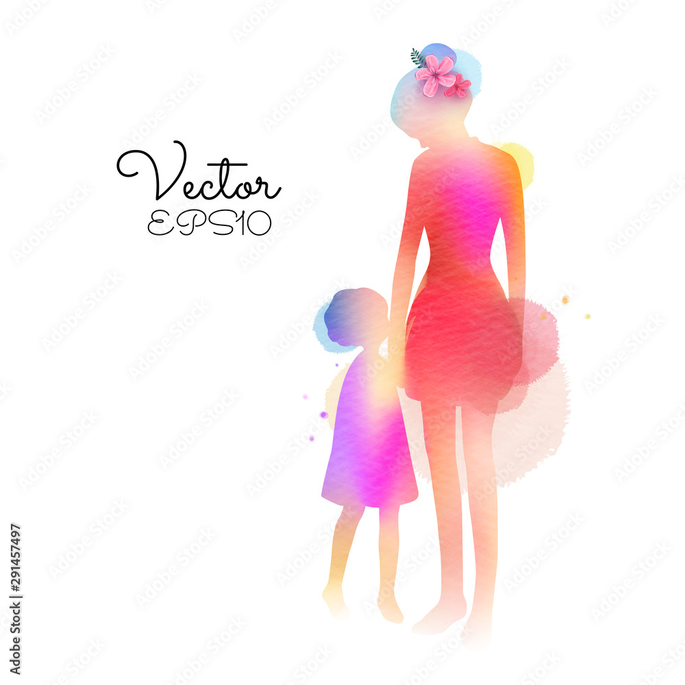 Happy mother's day. Side view of Happy mom with girl together silhouette plus abstract watercolor painted.Double exposure illustration. Digital art painting. Vector illustration. Happy mother's day. Side view of Happy mom with girl together silhouette plus abstract watercolor painted.Double exposure illustration. Digital art painting. Vector illustration.