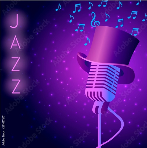Jazz night party vector glowing poster with cylinder hat, retro mic and negative space