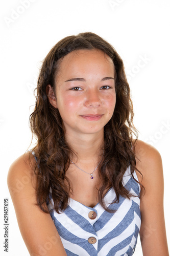 portrait of a young happy woman brunette teenage girl smiling on white background