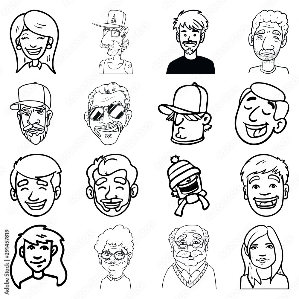 monochrome set of 16 avatar heads of different people. business woman, hipster, boy, imegrant, worker, macho, youthful, grandma, grandpa, woman, man.