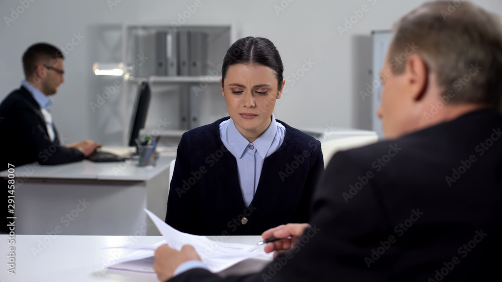 Boss disappointed mistakes in annual report, nervous female employee, bad work Boss disappointed mistakes in annual report, nervous female employee, bad work