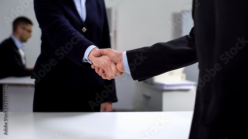 Bild auf Leinwand Man and woman in suits shaking hands at workplace, business deal, cooperation