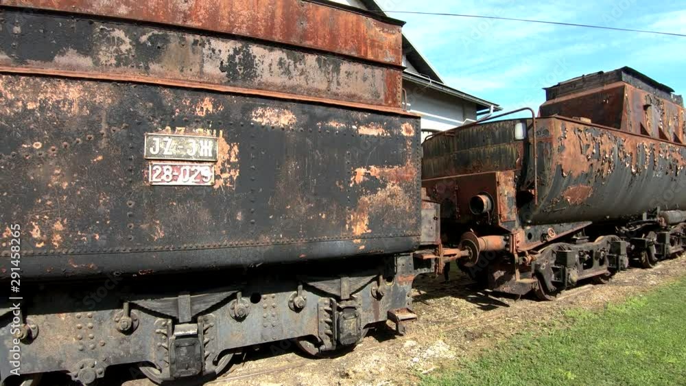 4K Right parallax moving abandoned old rusty train locomotive in Railway Museum Ljubljana, Slovenia 4K Right parallax moving abandoned old rusty train locomotive in Railway Museum Ljubljana, Slovenia