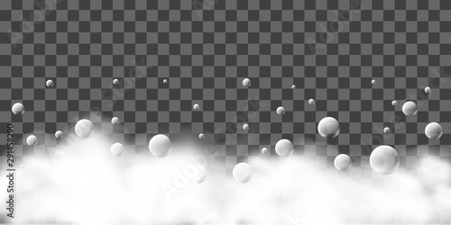 Bath foam with shampoo bubbles on transparent background, Vector overlay texture.
