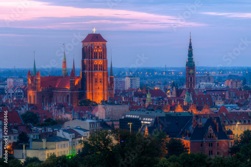 Panorama of the city at sunrise seen from Gora Gradowa. Gdańsk, Poland.