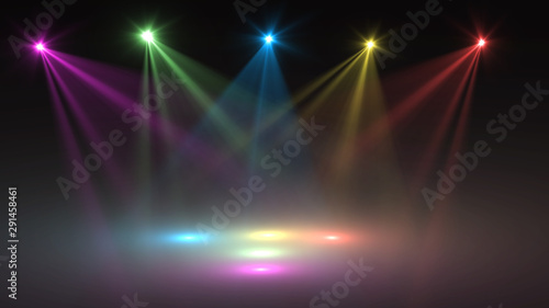 abstract of empty stage with colorful spotlights or Several bright projectors for scene lighting effects . can be used for display or montage your products