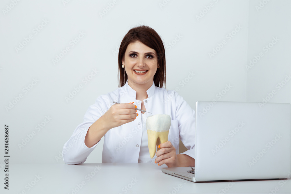 Dentist woman working sitting in office isolated with dental staff Dentist woman working sitting in office isolated with dental staff