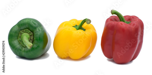 Fotografie Fresh vegetables Three sweet Red, Yellow, Green Peppers isolated on white background