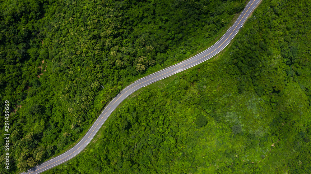 Aerial view of road on green forest mountain, Aerial view of forest road.