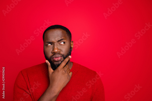 Close-up portrait of his he nice attractive bearded guy boyfriend creating interesting novelty plan guessing clue decision isolated over bright vivid shine red background