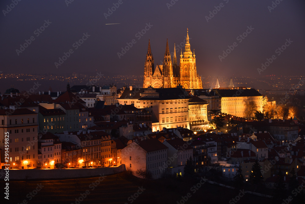 Prague castle and St. Vitus Cathedral in Praha 1 - Lesser Town district in Prague, Czech Republic. Night.