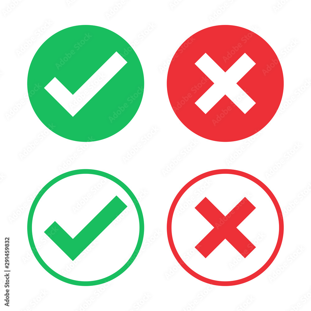 Set of check and cross icon in green and red color Set of check and cross icon in green and red color