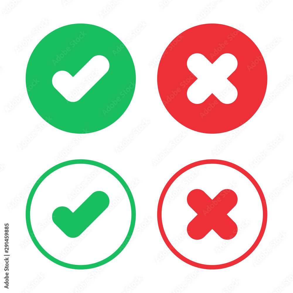 Set of check and cross icon in green and red color Set of check and cross icon in green and red color