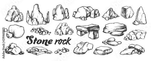 Stone Rock Gravel Collection Monochrome Set Vector. Different Stone, Gravel And Pebble. Natural Rocky Slate Lump Engraving Template Hand Drawn In Retro Style Black And White Illustrations photo