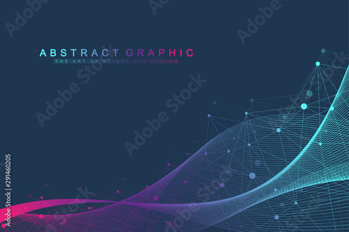 Geometric abstract background with connected line and dots. Network and connection background for your presentation. Graphic polygonal background. Wave flow. Scientific vector illustration.