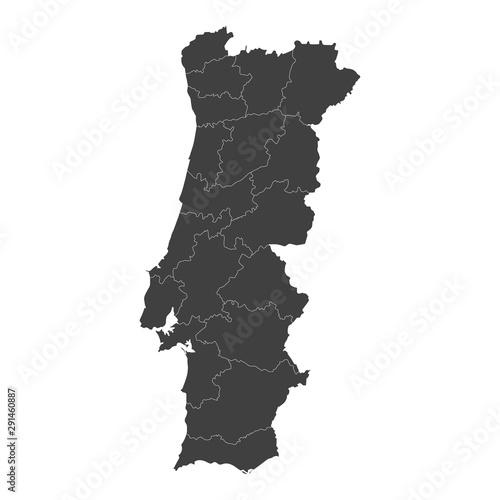 Portugal map with selected regions in black color on a white background