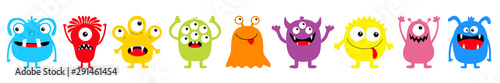 Happy Halloween. Monster colorful round silhouette icon set line. Eyes, tongue, tooth fang, hands up. Cute cartoon kawaii scary funny baby character. White background. Flat design.