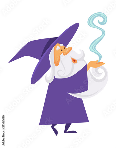 Magician or wizard and magic smoke or spell, old witch man