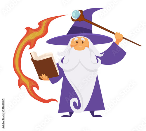 Magic craft, wizard with scepter and flame trace, magical spell book