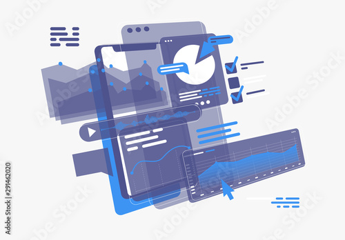 Vector illustration of a smartphone displaying web pages, with graphs and diagrams, analysis technology, web interface
