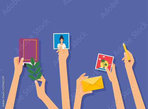 Hands holding different social media objects. Social media marketing concept.