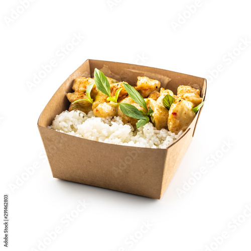 Japanese asian meal in a box of recycled paper isolated on white background.