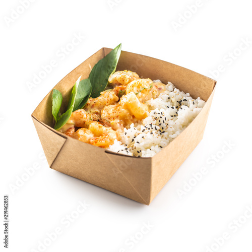 Japanese asian meal in a box of recycled paper isolated on white background. photo