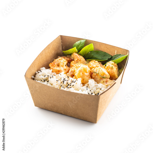 Japanese asian meal in a box of recycled paper isolated on white background.